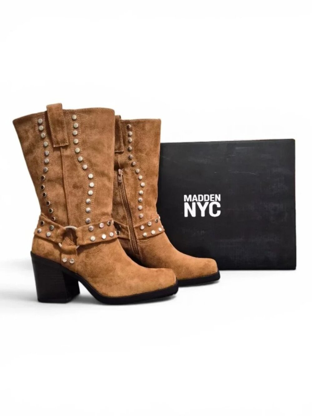 NWT Madden NYC Women's Moto Western Boots Studded Size 11 Faux Suede Brown